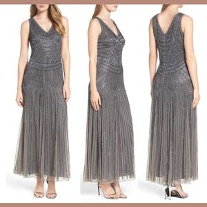 NEW Pisarro Nights Embellished Beaded Mesh Gown Dress Grey [SZ 6 ]‎